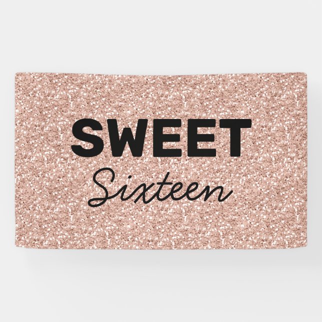 Rose Gold Glitter Hello Sweet Sixteen Birthday Banner (Horizontal)