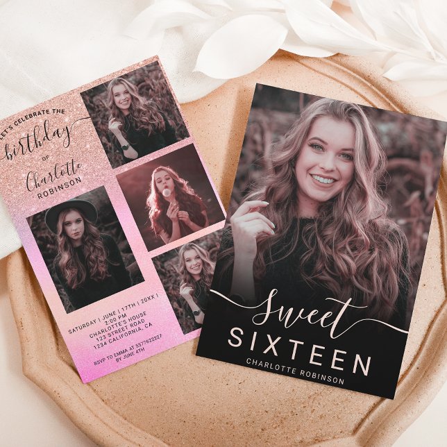 Rose gold glitter holographic 5 photos sweet 16 invitation (Creator Uploaded)