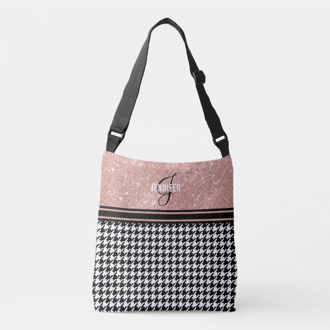 Rose Gold Glitter Houndstooth monogram name Crossbody Bag (Front)