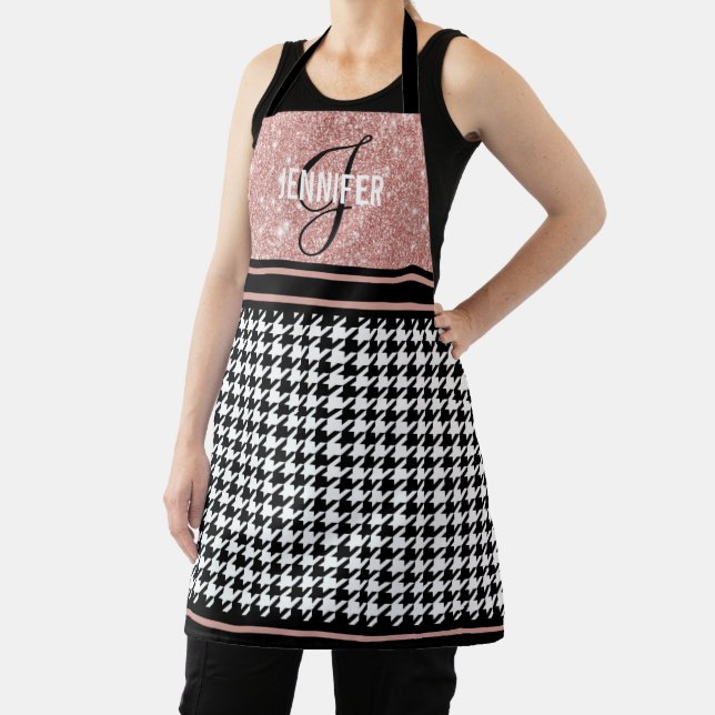 Rose Gold Glitter Houndstooth your name monogram Apron (Insitu)