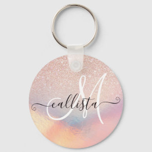 Rose Gold Glitter Iridescent Holographic Gradient Key Ring