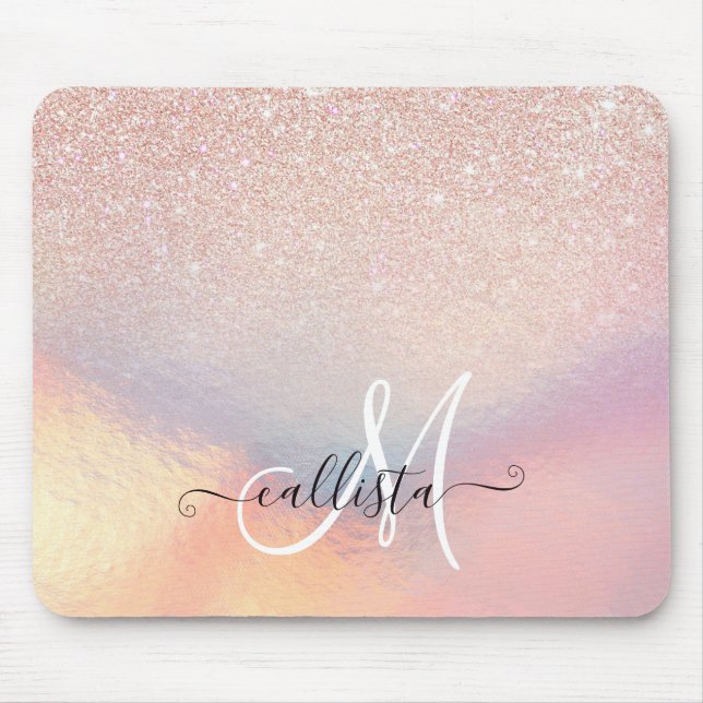Rose Gold Glitter Iridescent Holographic Gradient Mouse Pad (Front)