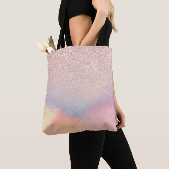 Rose Gold Glitter Iridescent Holographic Gradient Tote Bag (Close Up)