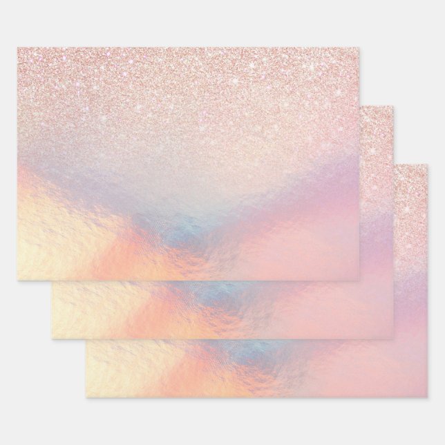Rose Gold Glitter Iridescent Holographic Gradient Wrapping Paper Sheet (Set)