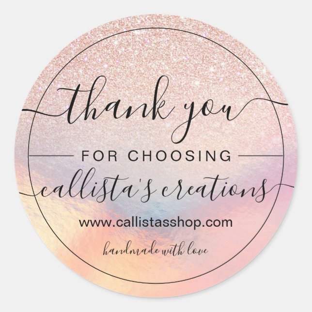 Rose Gold Glitter Iridescent Holographic Thank You Classic Round Sticker (Front)