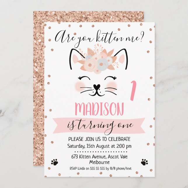 Rose gold glitter kitten me birthday invitation (Front/Back)