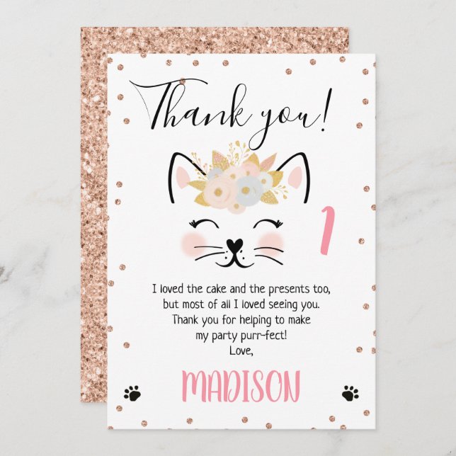 Rose gold glitter kitten me thank you card (Front/Back)