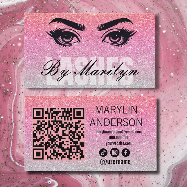 Rose Gold Glitter Lash Tech QR Code Scannable Business Card (Creator Uploaded)
