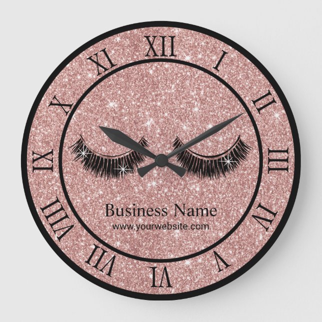 Rose Gold Glitter Lashes Makeup Artist Salon Large Clock (Front)