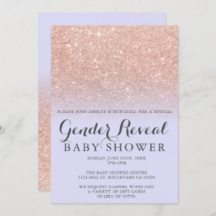 Rose gold glitter lavender gender reveal baby invitation