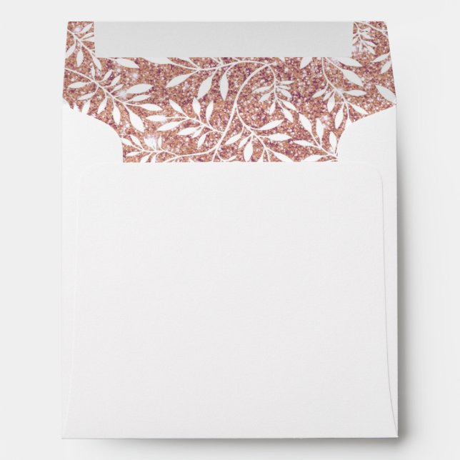 Rose gold glitter leaves pattern, monogram wedding envelopes (Back (Bottom))