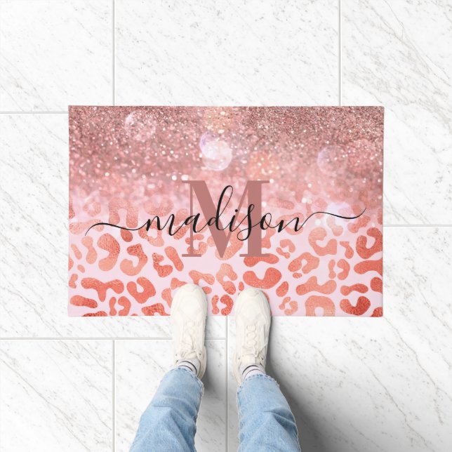 Rose Gold Glitter Leopard Print Doormat (Indoor)