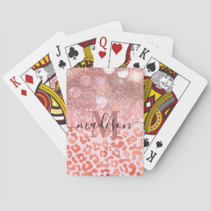 Rose Gold Glitter Leopard Print Playing Cards