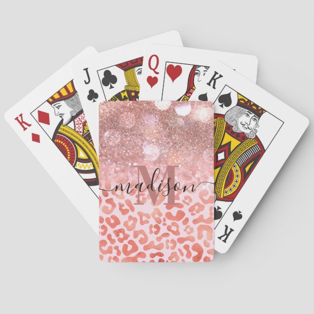Rose Gold Glitter Leopard Print Playing Cards (Back)