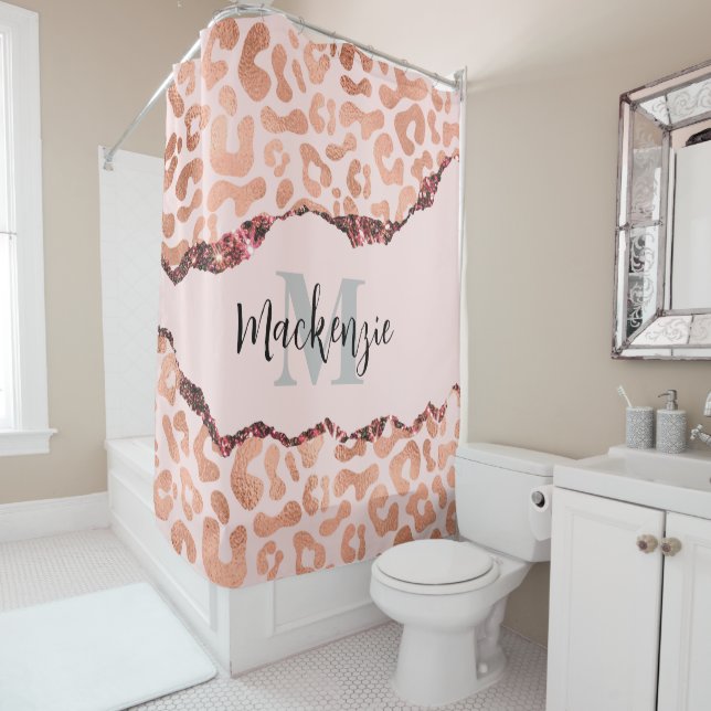 Rose Gold Glitter Leopard Print Shower Curtain (In Situ)