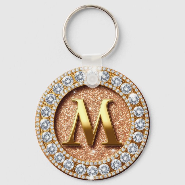 Rose Gold Glitter Letter M Custom Initial  Key Ring (Front)