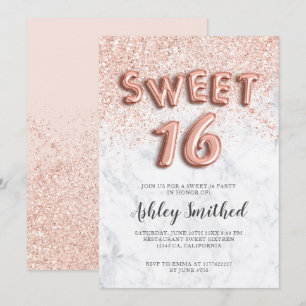 Rose gold glitter letters marble sweet sixteen invitation