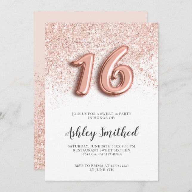 Rose gold glitter letters pink glam chic sweet 16 invitation (Front/Back)