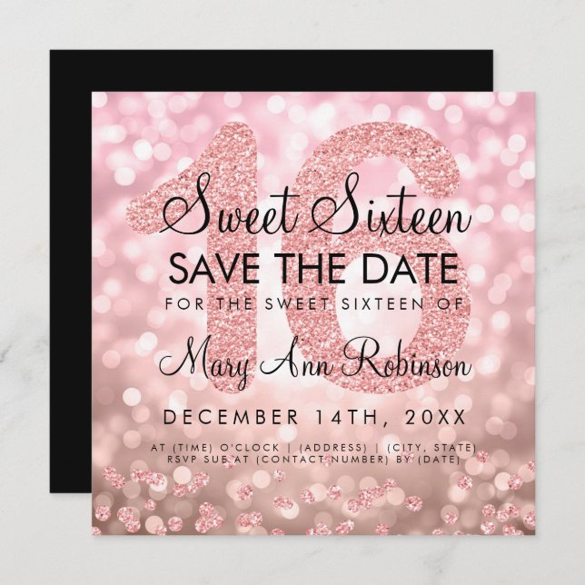 Rose Gold Glitter Lights Sweet 16 Save The Date Invitation (Front/Back)
