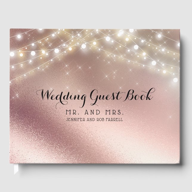 Rose Gold Glitter Lights Wedding Guest Book (Front)