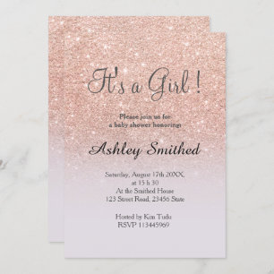 Rose gold glitter lilac ombre girl baby shower invitation