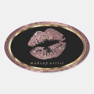 Rose Gold Glitter Lips and Gold Font Oval Sticker