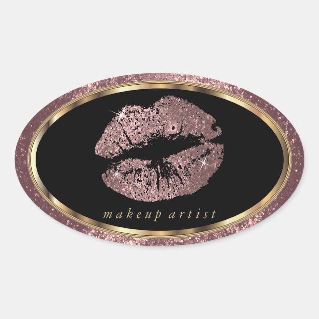 Rose Gold Glitter Lips and Gold Font Oval Sticker (Front)