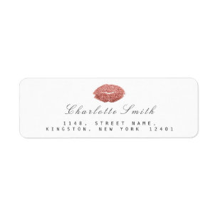 Rose Gold Glitter Lips Kiss Makeup White RSVP Return Address Label
