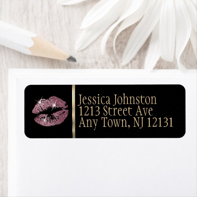 Rose Gold Glitter Lips Return Address Label (Insitu)