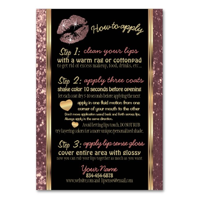 Rose Gold Glitter Lipsense Senegence  Instructions Table Number (Front)
