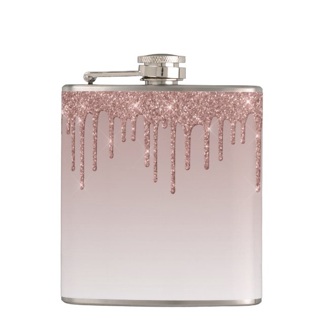 Rose Gold Glitter Liquid Drips Hip Flask (Front)