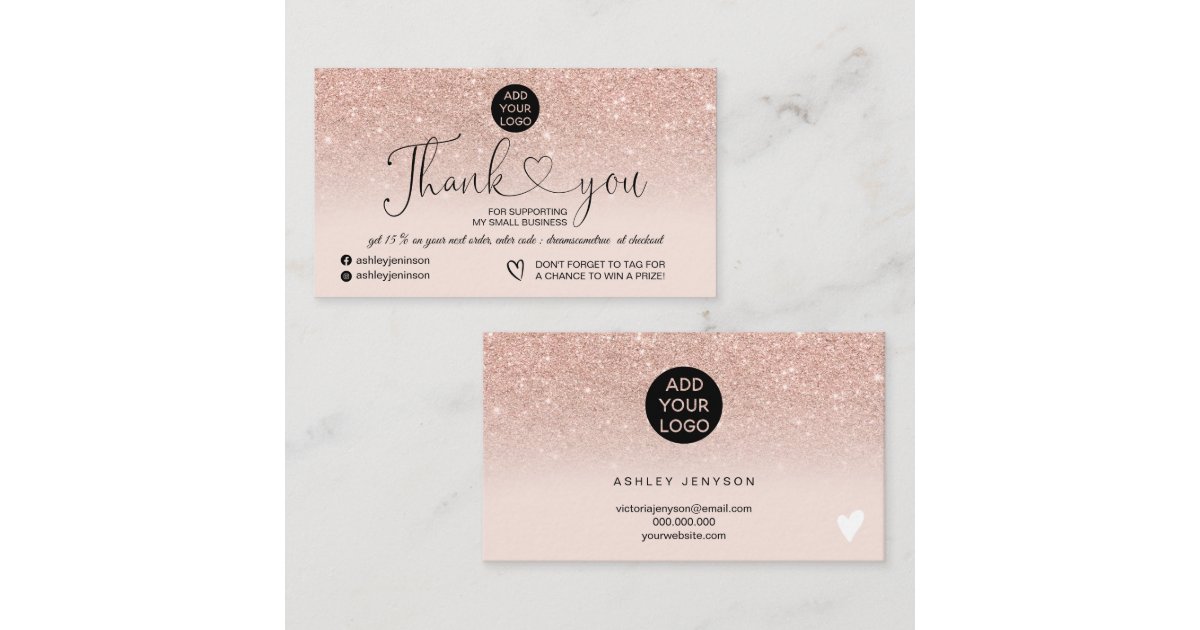 Rose gold glitter logo blush pink order thank you business card | Zazzle