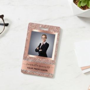 Rose Gold Glitter Look Bling Diamond Business ID Badge