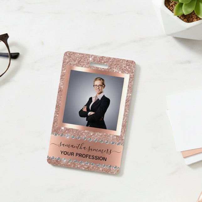 Rose Gold Glitter Look Bling Diamond Business ID Badge (Creator Uploaded)