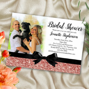 Rose Gold Glitter-look Ribbon Photo Bridal Shower Invitation