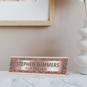 Rose Gold Glitter Look Sparkle Glam Custom Desk Name Plate