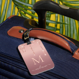 Rose Gold Glitter Luggage Tag Custom Name Letter
