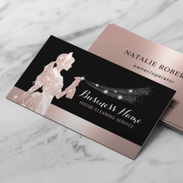 Rose Gold Glitter Maid Cleaning Housekeeping Business Card (Creator Uploaded)