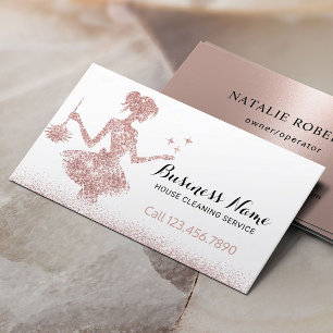 Rose Gold Glitter Maid & Feather Duster Cleaning Business Card