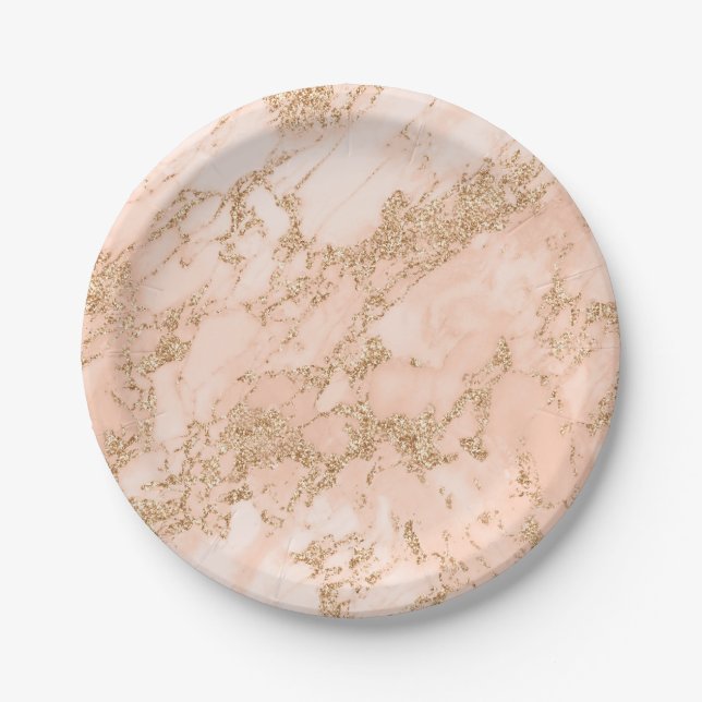 Rose gold glitter marble abstract paper plate (Front)