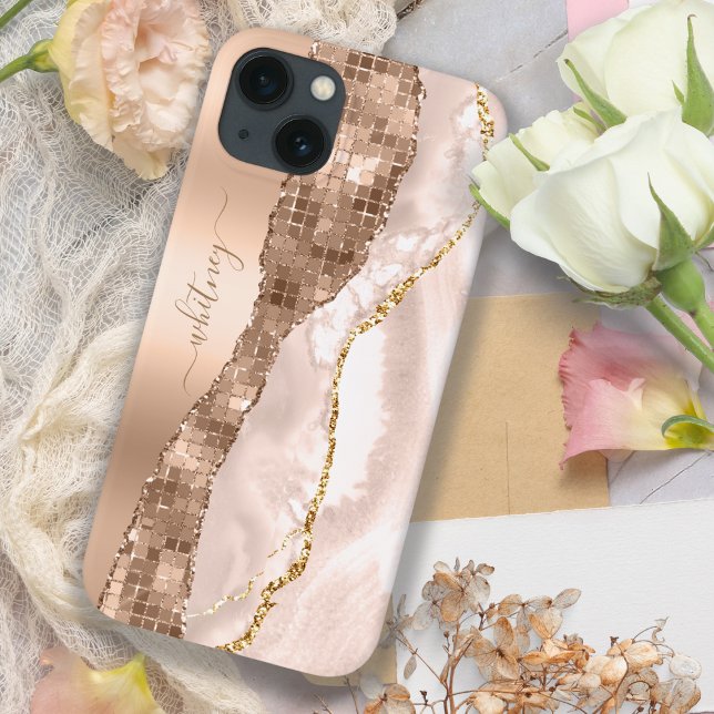 Rose Gold Glitter Marble Agate Modern Monogram Case-Mate iPhone Case (Creator Uploaded)