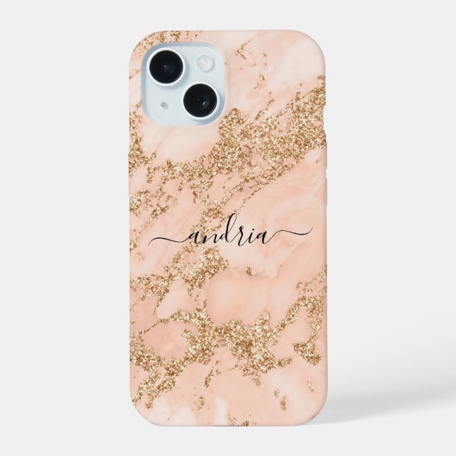 Rose Gold Glitter Marble, Black Script Name iPhone 15 Case (Back)