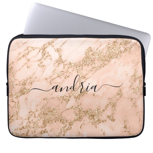 Rose Gold Glitter Marble, Black Script Name Laptop Sleeve (Front)