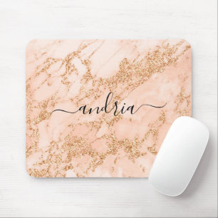 Rose Gold Glitter Marble, Black Script Name Mouse Pad