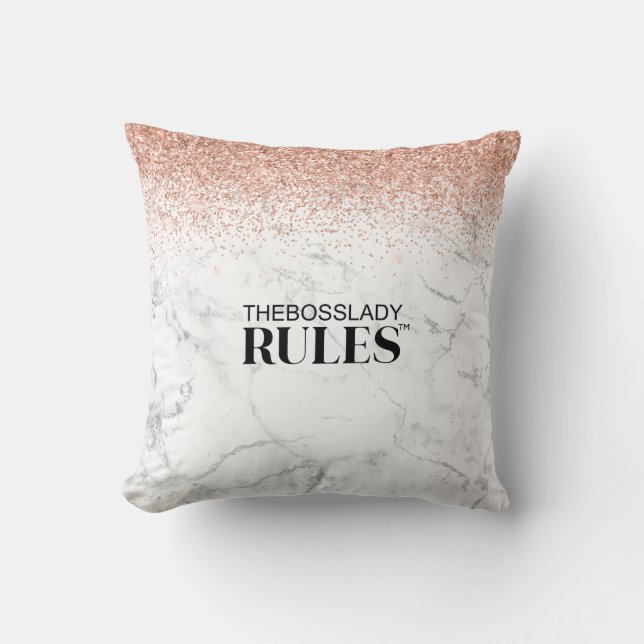 Rose Gold Glitter Marble Boss Lady Name Cushion (Front)