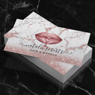 Rose Gold Glitter Marble Drips Lips Makeup Artist Business Card