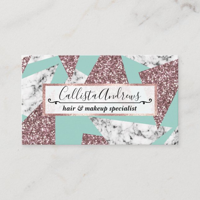 Rose Gold Glitter Marble Geometric Triangles Teal Business Card (Front)