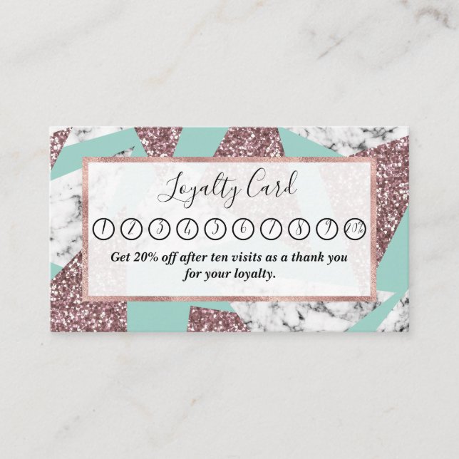 Rose Gold Glitter Marble Geometric Triangles Teal Loyalty Card (Front)