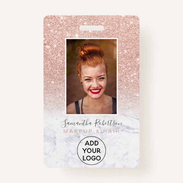 Rose gold glitter marble logo employee photo pass ID badge (Front)