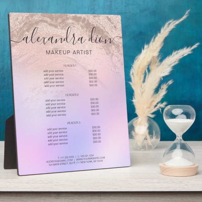 Rose gold glitter marble makeup artist services plaque (Side)
